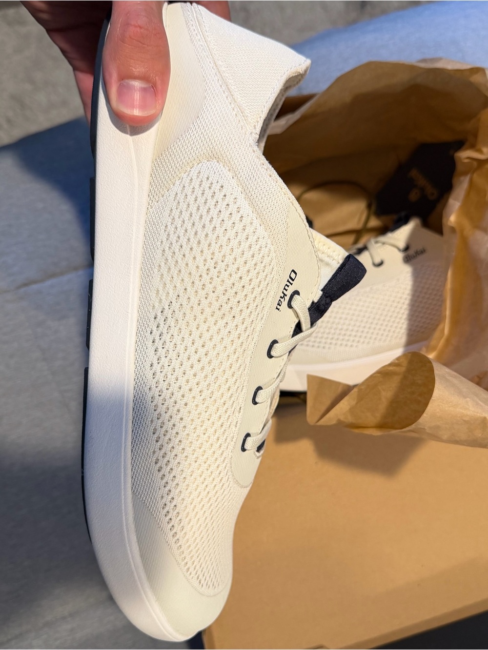 OluKai Men's Moku Pae Slip On White Sand/Trench Blue